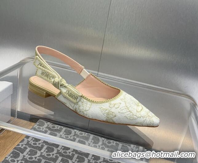 Top Grade Dior J'Adior Slingback Ballet Flat in White and Gold-Tone Toile de Jouy Mexico Embroidered Cotton with Metalli