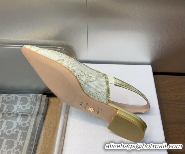 Top Grade Dior J'Adior Slingback Ballet Flat in White and Gold-Tone Toile de Jouy Mexico Embroidered Cotton with Metalli