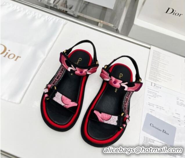 Classic Hot Dior D-Wave Sandals in Pink Embroidered Cotton 214041