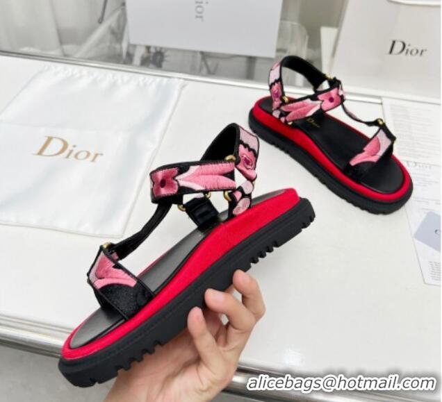 Classic Hot Dior D-Wave Sandals in Pink Embroidered Cotton 214041