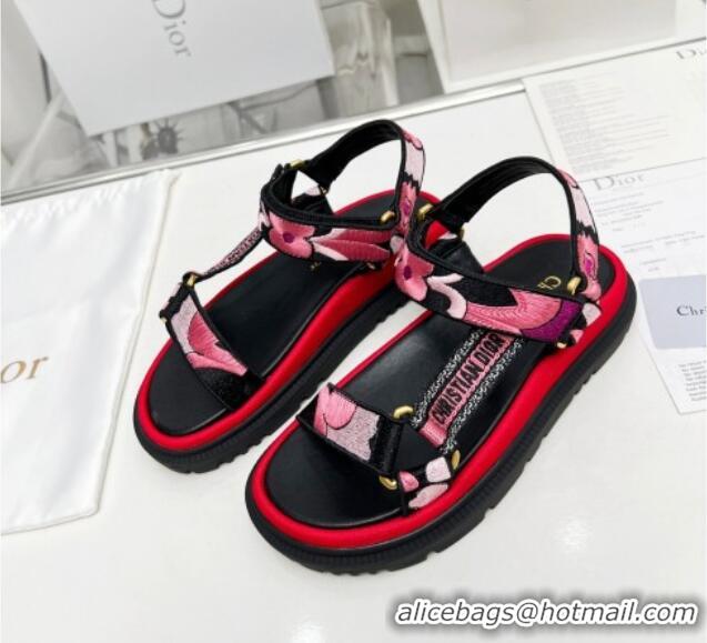 Classic Hot Dior D-Wave Sandals in Pink Embroidered Cotton 214041