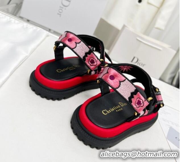 Classic Hot Dior D-Wave Sandals in Pink Embroidered Cotton 214041