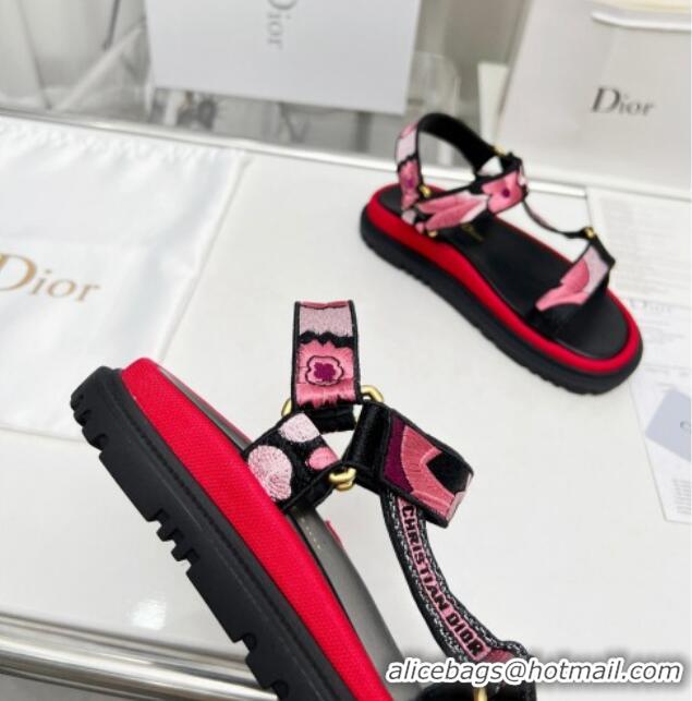 Classic Hot Dior D-Wave Sandals in Pink Embroidered Cotton 214041