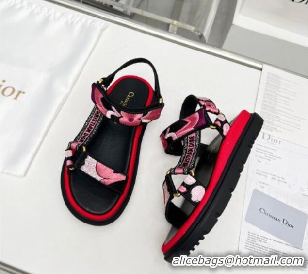 Classic Hot Dior D-Wave Sandals in Pink Embroidered Cotton 214041