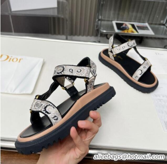 Best Price Dior D-Wave Sandals in Beige Multicolor Embroidered Cotton with Butterfly Bandana Motif 214042 