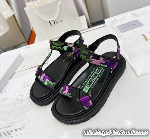 Sumptuous Dior D-Wave Sandals in Purple Multicolor Flora Embroidered Cotton 214045