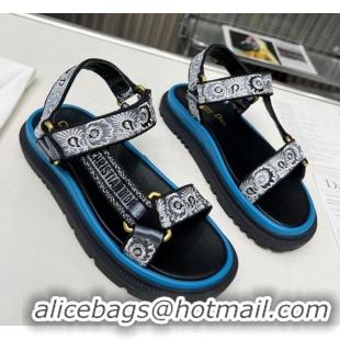 Buy Luxury Dior D-Wave Sandals in Denim Blue Multicolor Embroidered Cotton with Butterfly Bandana Motif 214046