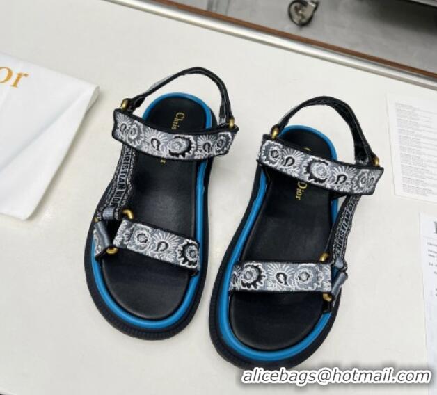 Buy Luxury Dior D-Wave Sandals in Denim Blue Multicolor Embroidered Cotton with Butterfly Bandana Motif 214046