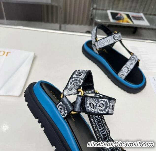 Buy Luxury Dior D-Wave Sandals in Denim Blue Multicolor Embroidered Cotton with Butterfly Bandana Motif 214046