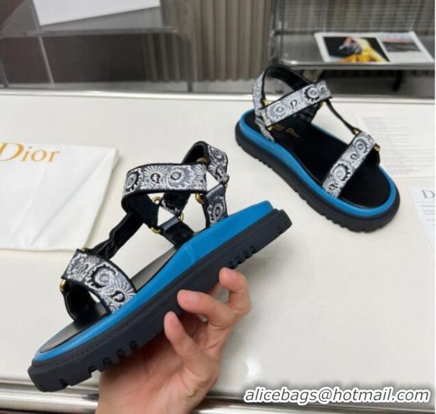 Buy Luxury Dior D-Wave Sandals in Denim Blue Multicolor Embroidered Cotton with Butterfly Bandana Motif 214046