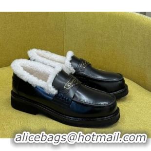 Duplicate Dior Boy Loafers in Calfskin and Shearling Black Leather 214053