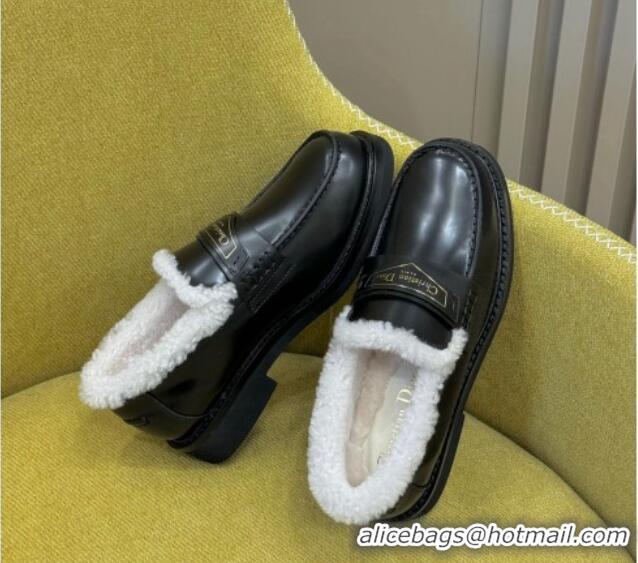 Duplicate Dior Boy Loafers in Calfskin and Shearling Black Leather 214053