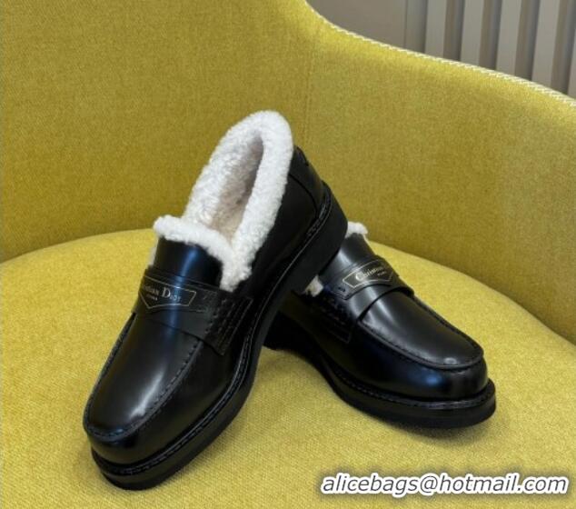 Duplicate Dior Boy Loafers in Calfskin and Shearling Black Leather 214053