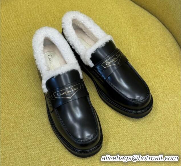 Duplicate Dior Boy Loafers in Calfskin and Shearling Black Leather 214053