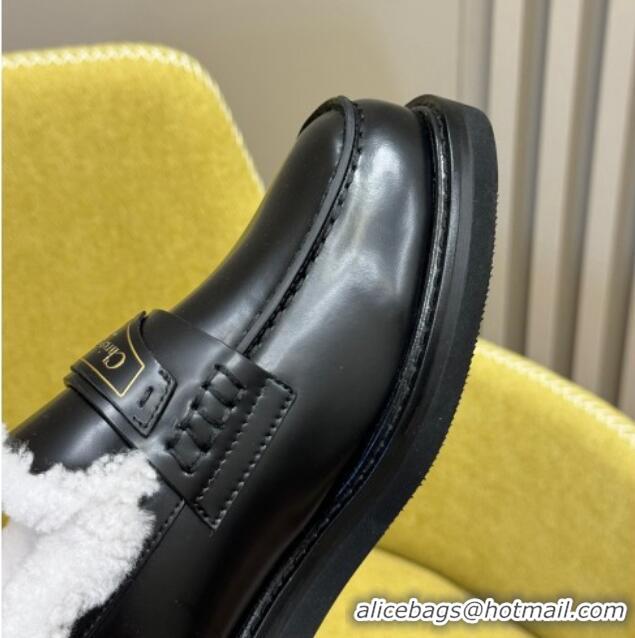 Duplicate Dior Boy Loafers in Calfskin and Shearling Black Leather 214053