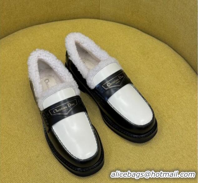 Low Price Dior Boy Loafers in Calfskin and Shearling Black/White 214054