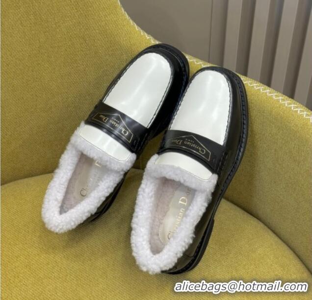 Low Price Dior Boy Loafers in Calfskin and Shearling Black/White 214054