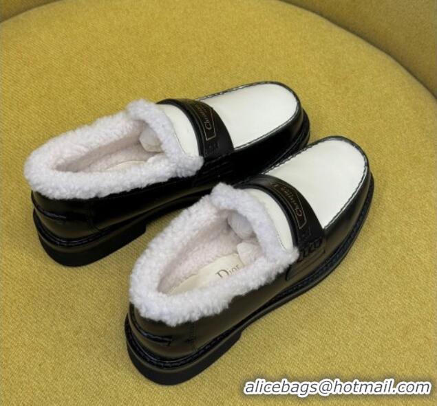 Low Price Dior Boy Loafers in Calfskin and Shearling Black/White 214054