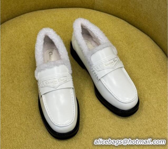 Duplicate Dior Boy Loafers in Calfskin and Shearling White Leather 214055