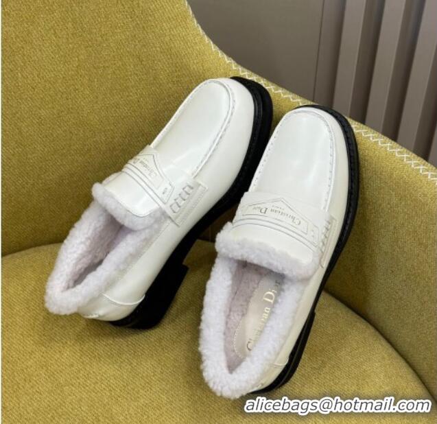 Duplicate Dior Boy Loafers in Calfskin and Shearling White Leather 214055