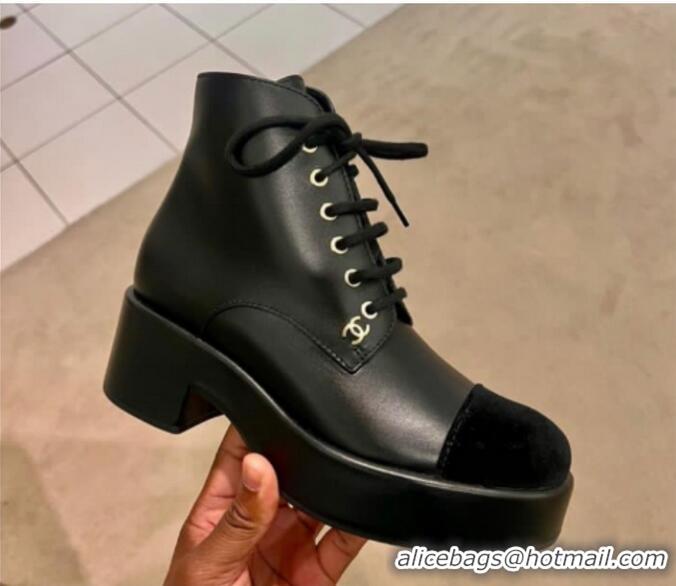 Best Price Chanel New Square Heels Ankle Boots Lace Up CH8922 Black