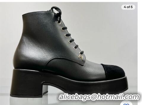 Best Price Chanel New Square Heels Ankle Boots Lace Up CH8922 Black