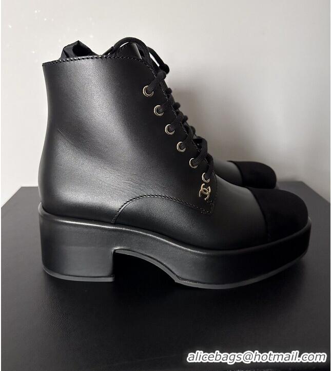 Best Price Chanel New Square Heels Ankle Boots Lace Up CH8922 Black