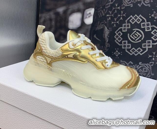 Classic Hot Dior Vibe Sneakers in Gold Leather and Transparent Rubber 2106021