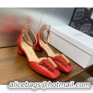 Cheap Price Dior Tale Pumps 3.5cm in Red Supple Calfskin and Pearls Butterfly 106035