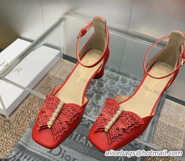 Cheap Price Dior Tale Pumps 3.5cm in Red Supple Calfskin and Pearls Butterfly 106035