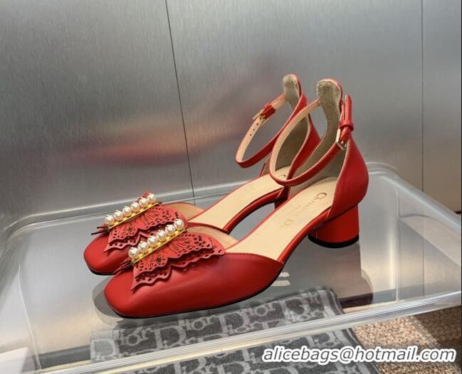 Cheap Price Dior Tale Pumps 3.5cm in Red Supple Calfskin and Pearls Butterfly 106035