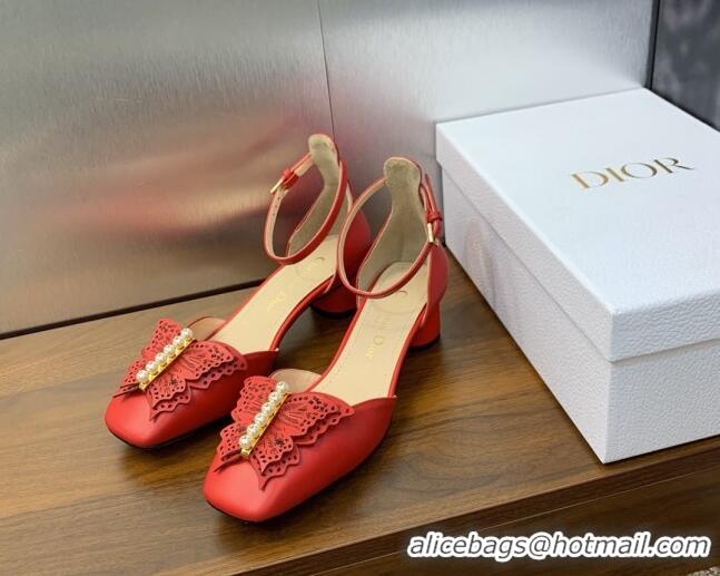 Cheap Price Dior Tale Pumps 3.5cm in Red Supple Calfskin and Pearls Butterfly 106035