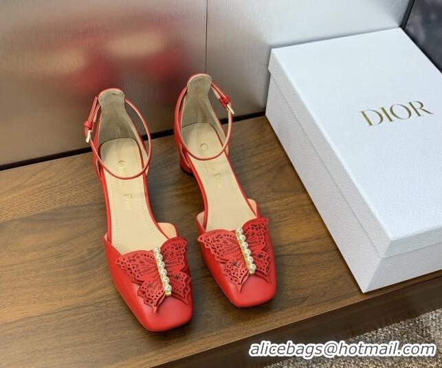 Cheap Price Dior Tale Pumps 3.5cm in Red Supple Calfskin and Pearls Butterfly 106035