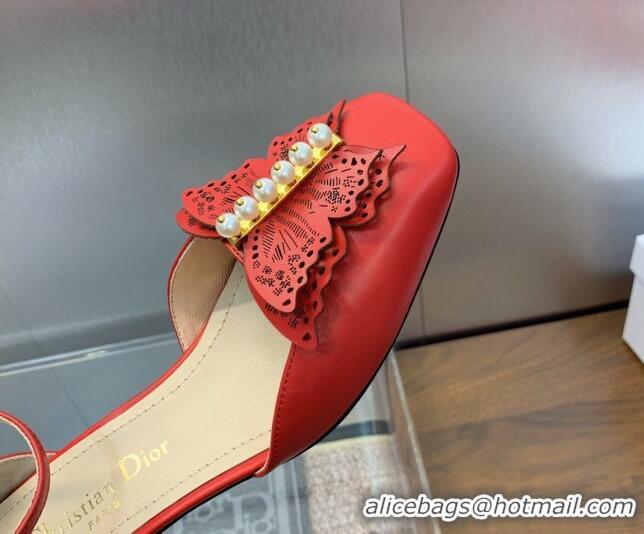 Cheap Price Dior Tale Pumps 3.5cm in Red Supple Calfskin and Pearls Butterfly 106035