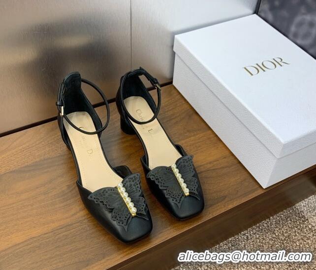 Unique Style Dior Tale Pumps 3.5cm in Black Supple Calfskin and Pearls Butterfly 106037