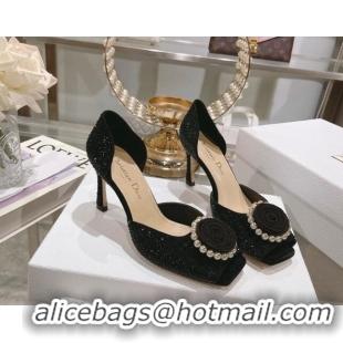 Popular Style Dior Rose Heeled Sandals 8.5cm in Black Suede with Strass and White Resin Pearls 0106038