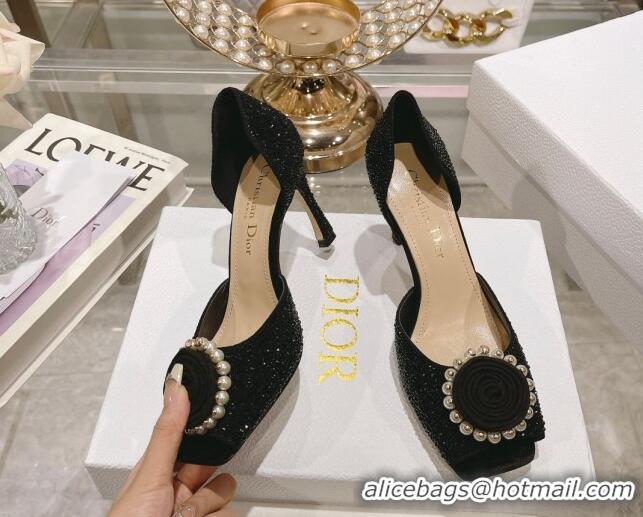 Popular Style Dior Rose Heeled Sandals 8.5cm in Black Suede with Strass and White Resin Pearls 0106038