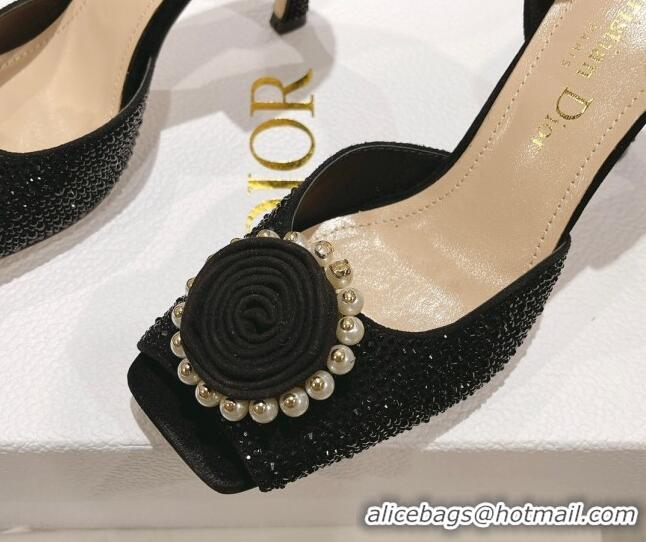 Popular Style Dior Rose Heeled Sandals 8.5cm in Black Suede with Strass and White Resin Pearls 0106038