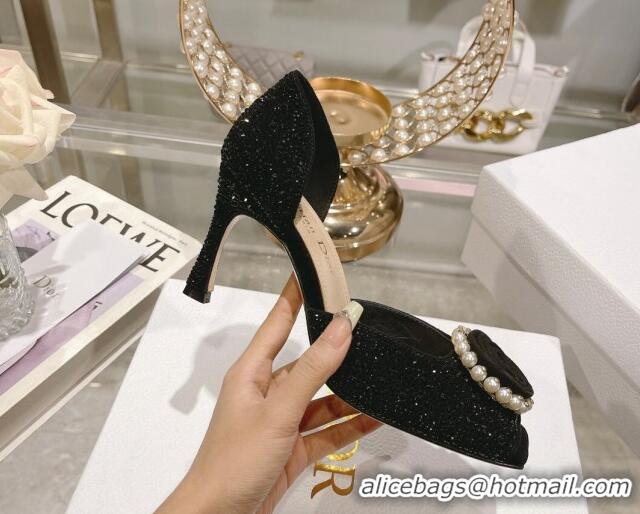 Popular Style Dior Rose Heeled Sandals 8.5cm in Black Suede with Strass and White Resin Pearls 0106038