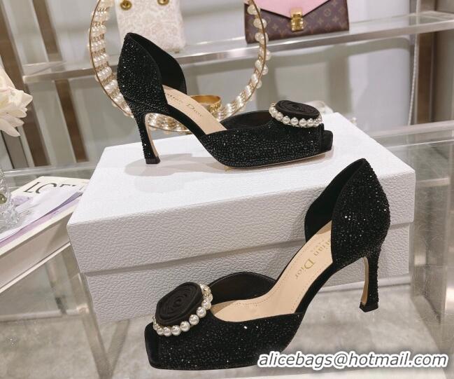 Popular Style Dior Rose Heeled Sandals 8.5cm in Black Suede with Strass and White Resin Pearls 0106038