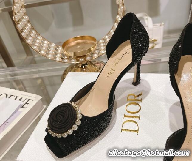 Popular Style Dior Rose Heeled Sandals 8.5cm in Black Suede with Strass and White Resin Pearls 0106038