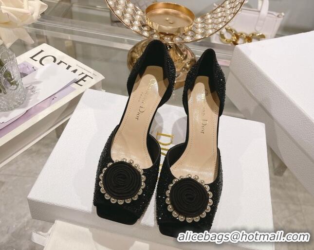 Popular Style Dior Rose Heeled Sandals 8.5cm in Black Suede with Strass and White Resin Pearls 0106038