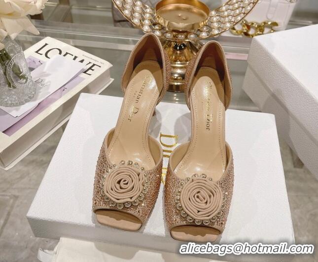 Charming Dior Rose Heeled Sandals 8.5cm in Apricot Suede with Strass and White Resin Pearls 106039