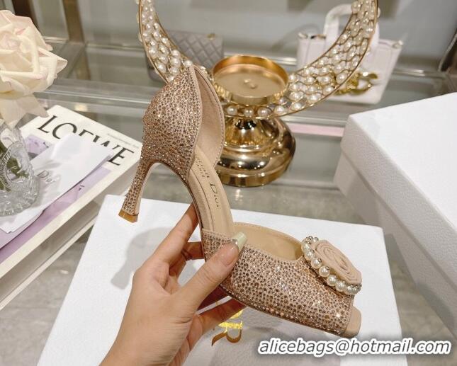 Charming Dior Rose Heeled Sandals 8.5cm in Apricot Suede with Strass and White Resin Pearls 106039