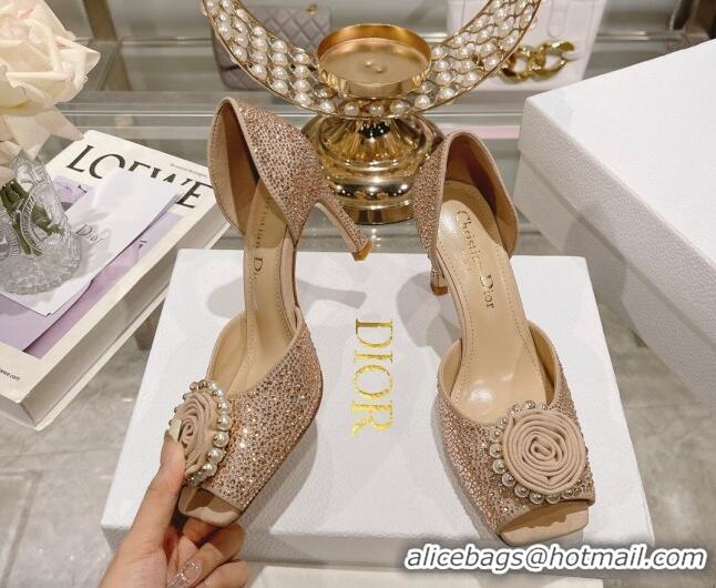 Charming Dior Rose Heeled Sandals 8.5cm in Apricot Suede with Strass and White Resin Pearls 106039