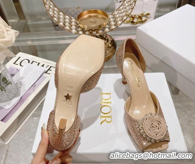 Charming Dior Rose Heeled Sandals 8.5cm in Apricot Suede with Strass and White Resin Pearls 106039