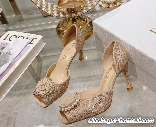 Charming Dior Rose Heeled Sandals 8.5cm in Apricot Suede with Strass and White Resin Pearls 106039