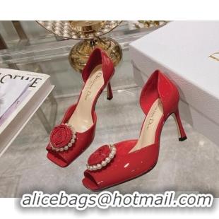 Trendy Design Dior Rose Heeled Sandals 8.5cm in Red Patent Calfskin and White Resin Pearls 0106040