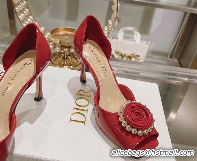 Trendy Design Dior Rose Heeled Sandals 8.5cm in Red Patent Calfskin and White Resin Pearls 0106040