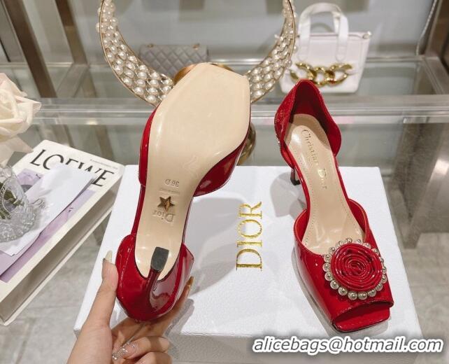 Trendy Design Dior Rose Heeled Sandals 8.5cm in Red Patent Calfskin and White Resin Pearls 0106040